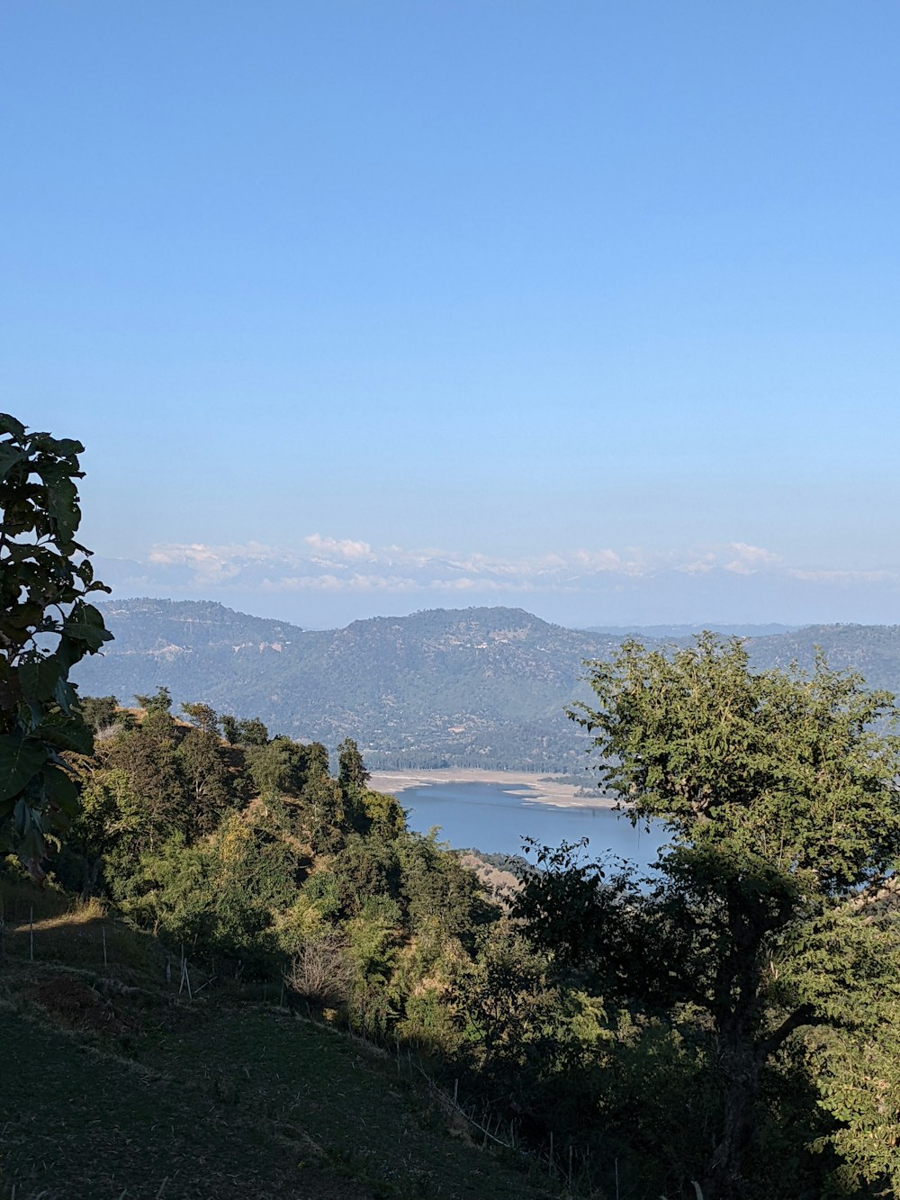 a view of a lake and mountains from a hill