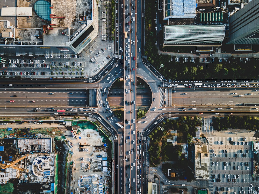 an aerial view of a busy intersection in a city