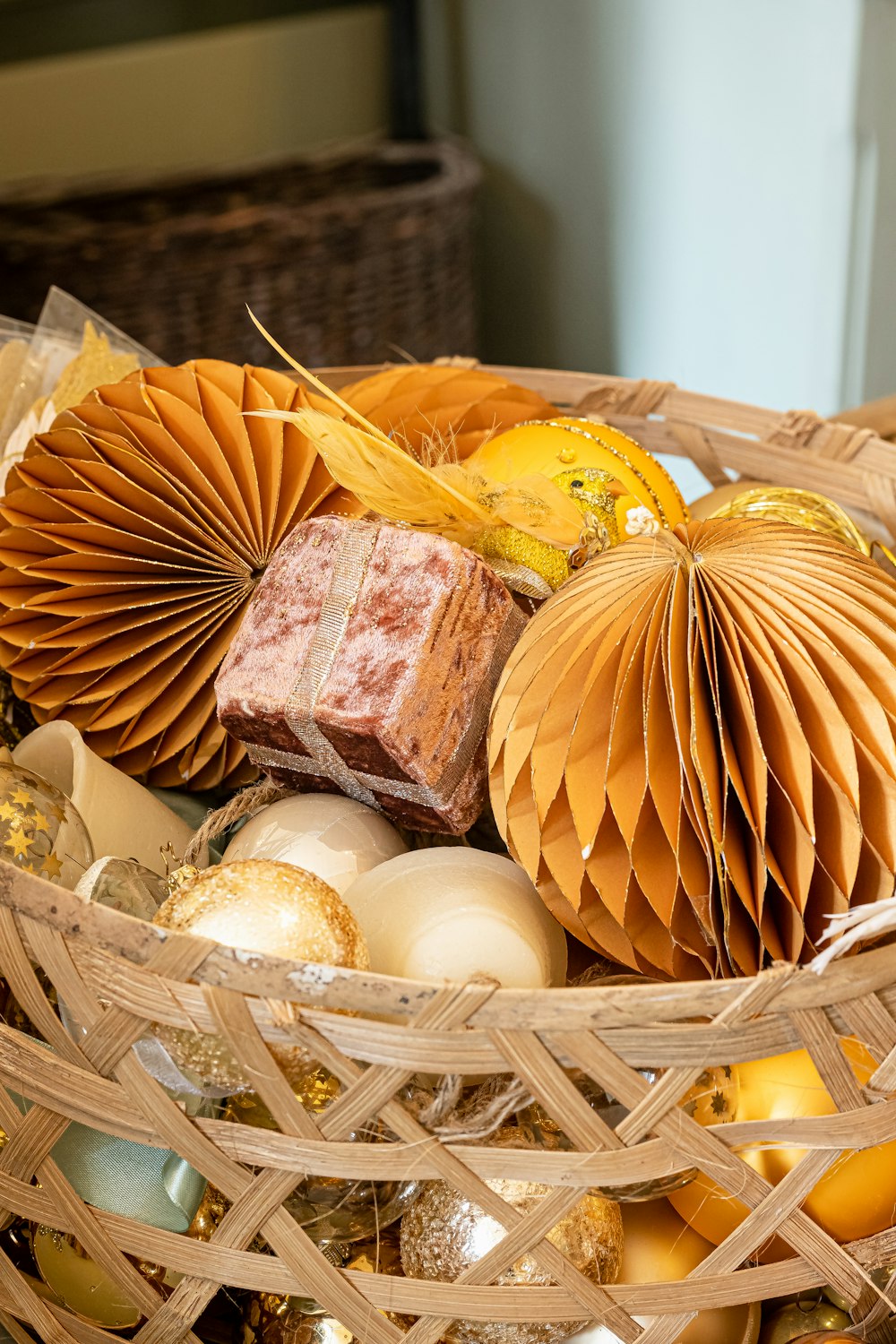 a basket filled with lots of different types of decorations