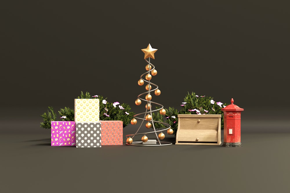 Ein kleiner Weihnachtsbaum umgeben von Geschenken
