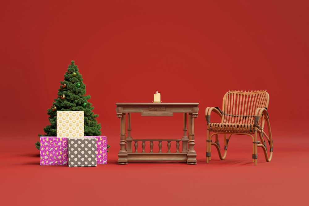 a rocking chair next to a small christmas tree