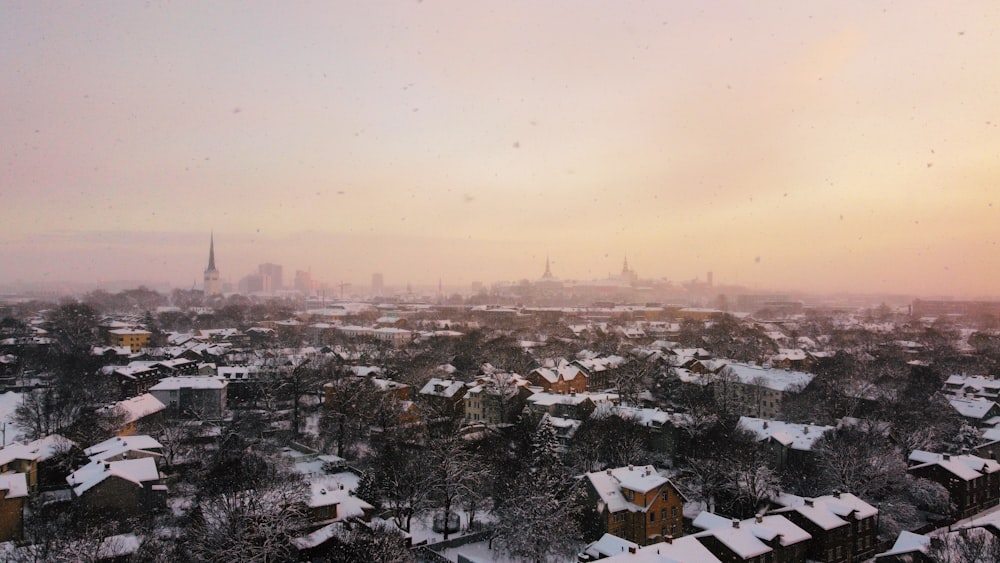 uma vista de uma cidade nevada de uma colina