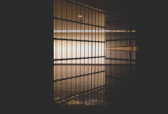 a dark room with a light coming through the blinds