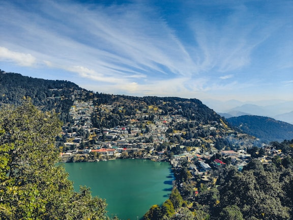 a lake surrounded by trees and mountains under a blue sky