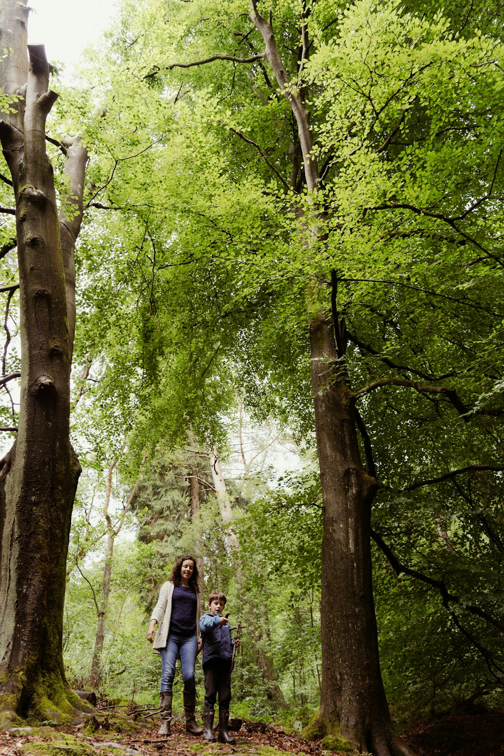 a man and a woman walking through a forest