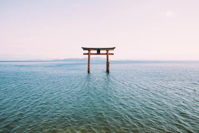 Torii gate standing in the water at Lake Biwa, Shiga