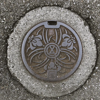 Close-up of a concrete sanitary cover with contact icons around it