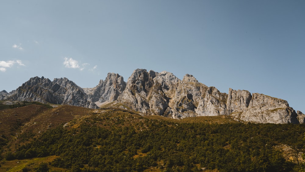 a view of a mountain range from the bottom of a hill