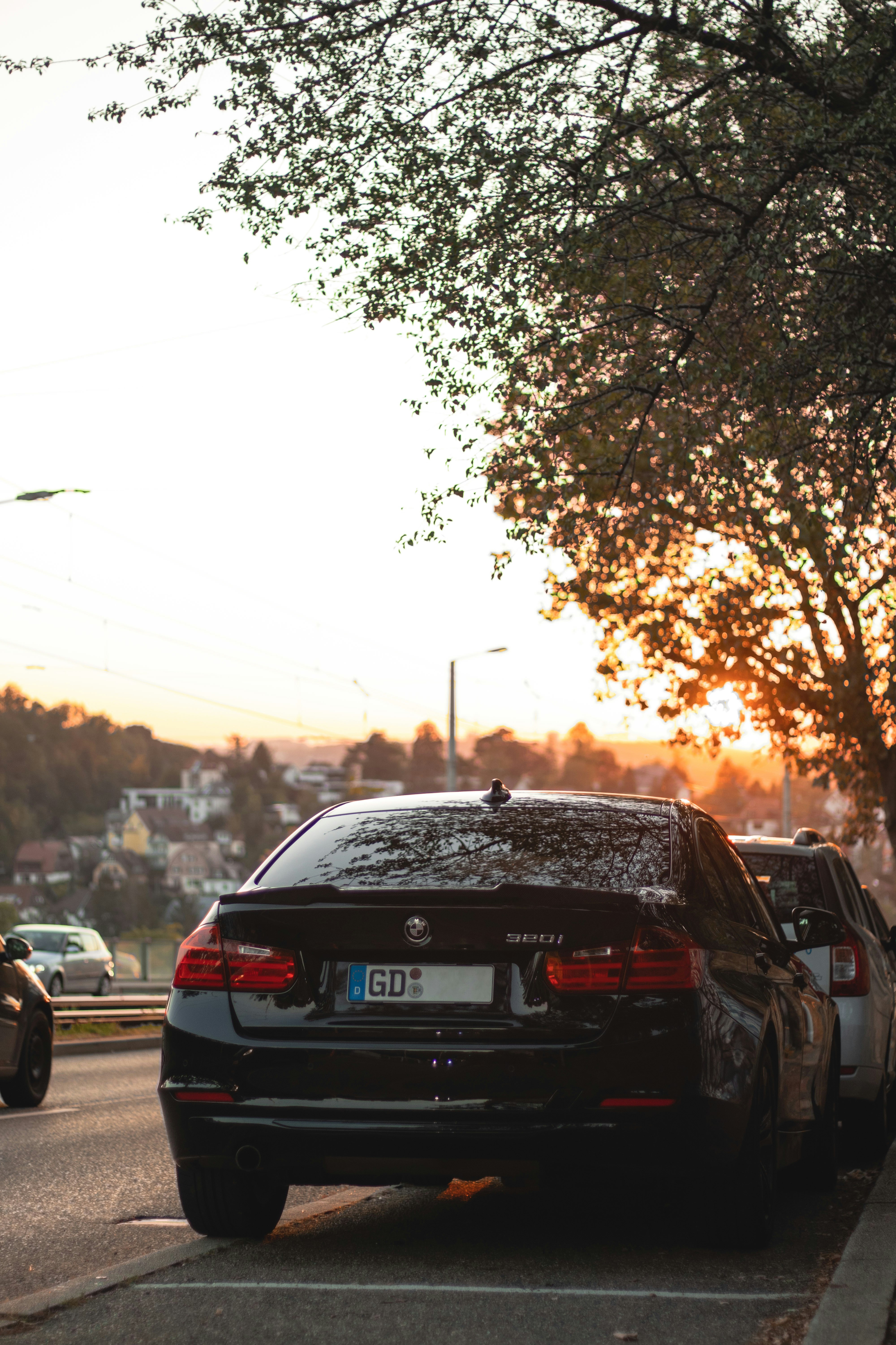 a car parked on the side of a road next to a tree