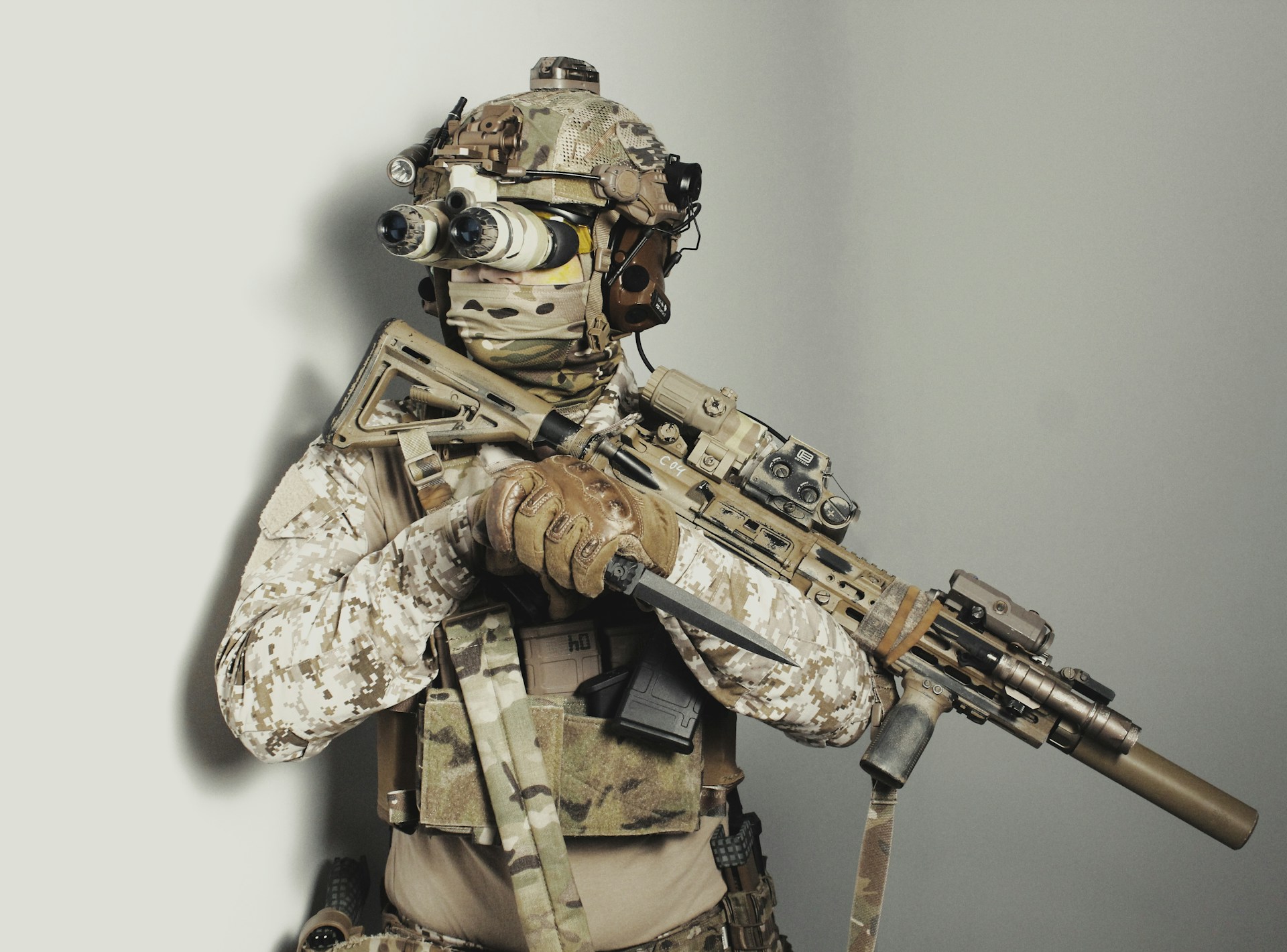 a man in camouflage holding a machine gun