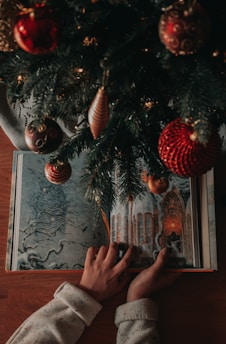Festive illustrated children's book open on a wooden table