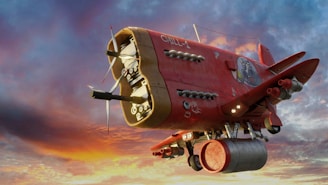 A whimsical, red, retro-futuristic flying machine with propellers and various mechanical details dominates the scene, set against a colorful, dramatic sky. The design resembles a blend of an airship and a traditional airplane, with unique artistic flourishes.