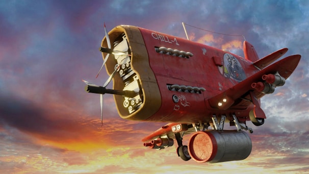A whimsical, red, retro-futuristic flying machine with propellers and various mechanical details dominates the scene, set against a colorful, dramatic sky. The design resembles a blend of an airship and a traditional airplane, with unique artistic flourishes.