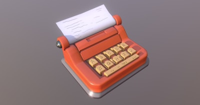 A stylized, orange typewriter with a sheet of paper inserted, featuring rounded beige keys displaying letters and numbers. The paper is partially rolled and appears to have some text written on it.