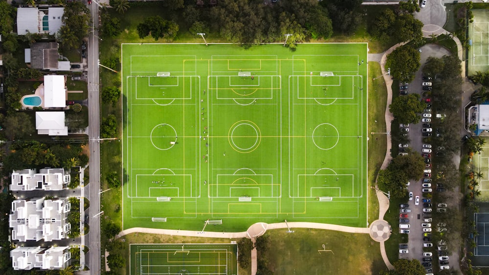 an aerial view of a soccer field