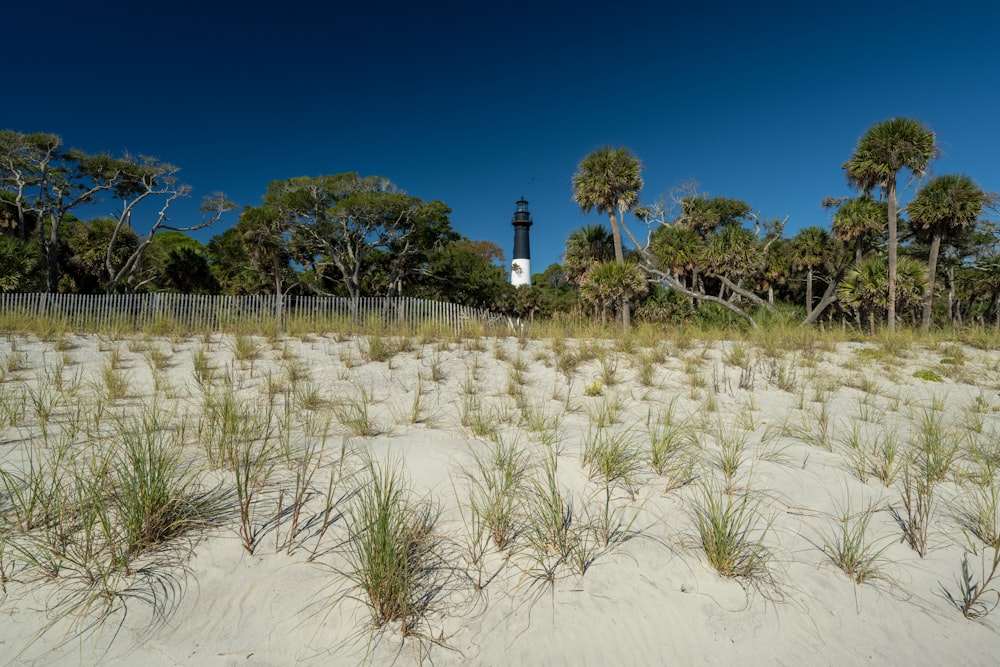 a light house in the distance on a sandy beach