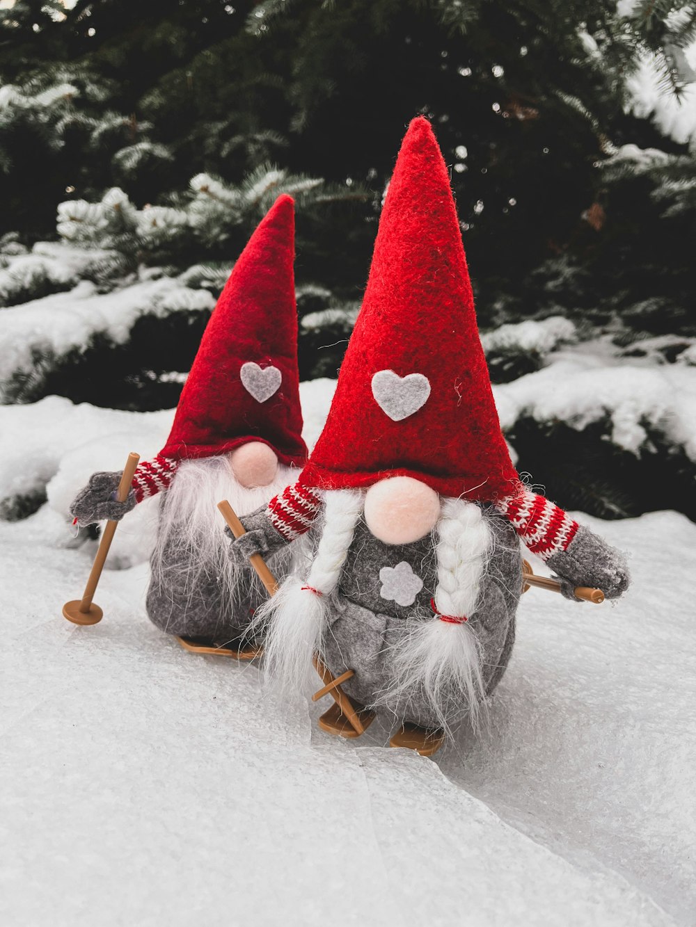 a couple of gnomes that are sitting in the snow
