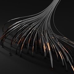 Numerous black cables or tubes with metallic and copper elements appear to be extending from a singular point, creating a fan-like spread. The cables have a textured spiral pattern, and the image has a dark, industrial aesthetic.
