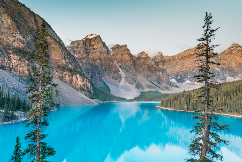 a blue lake surrounded by mountains and trees