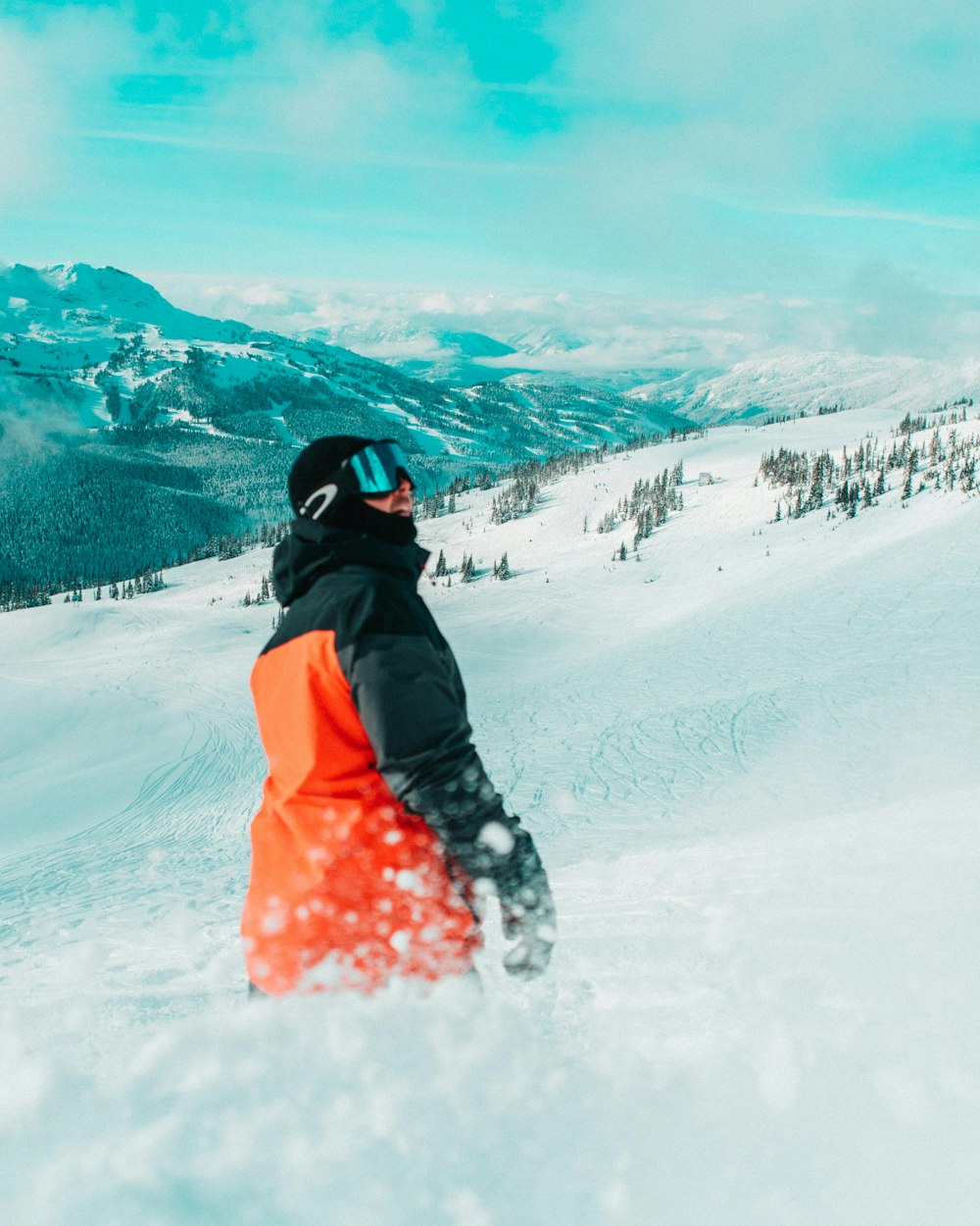 a person in an orange and black jacket on a snowboard