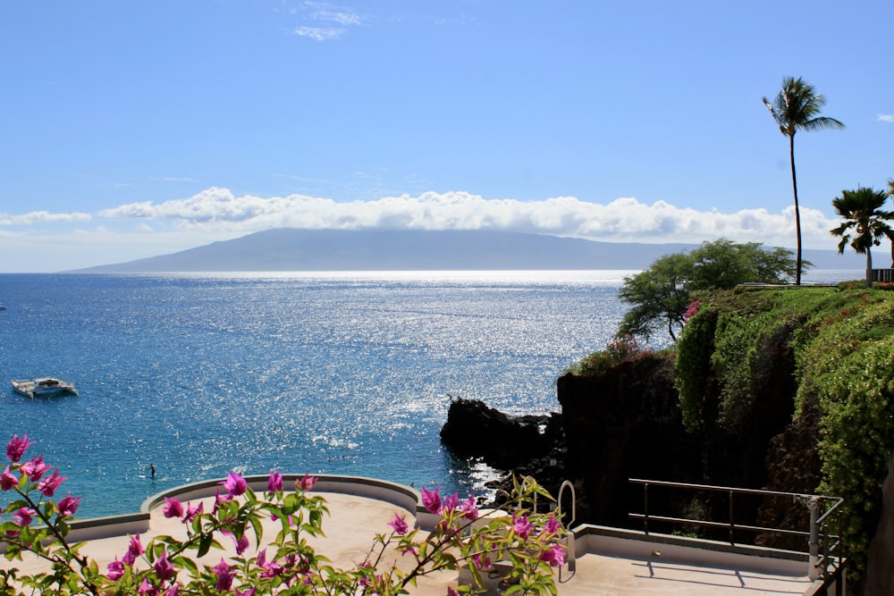 a view of a body of water with a mountain in the background