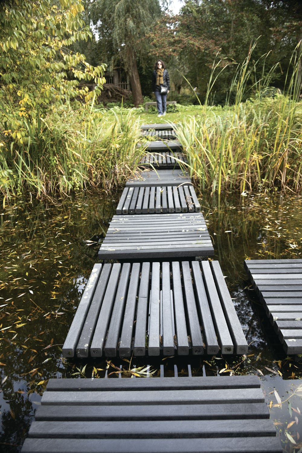 a row of wooden benches sitting next to a body of water