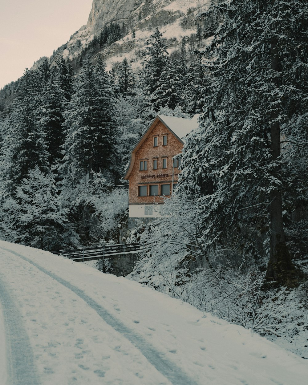 a house in the middle of a snowy forest