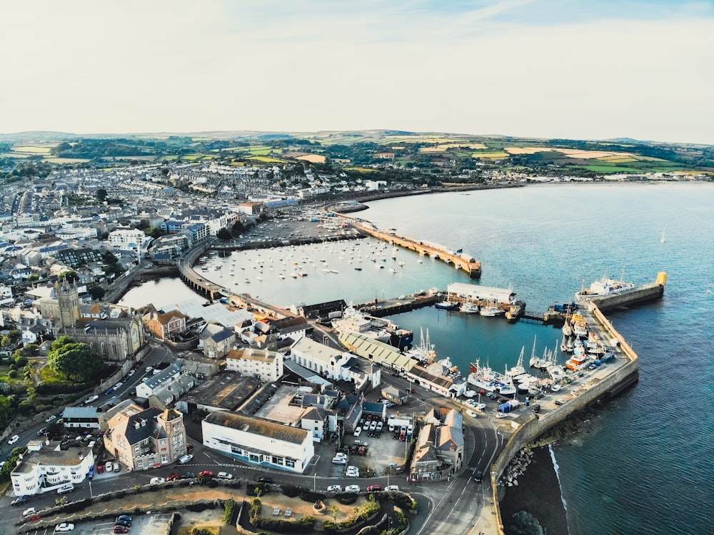 an aerial view of a harbor and a city