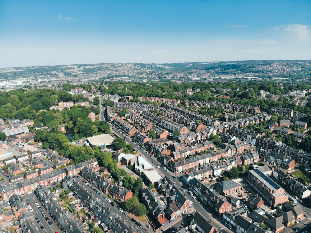 an aerial view of a city with lots of buildings