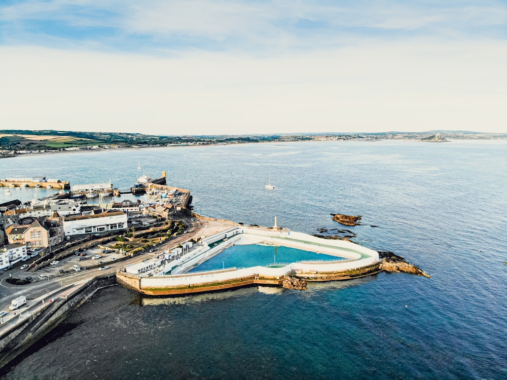 an aerial view of a large body of water