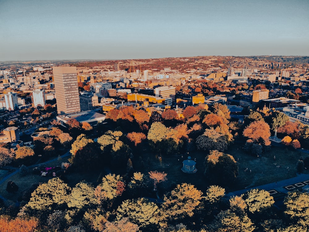 an aerial view of a city with tall buildings