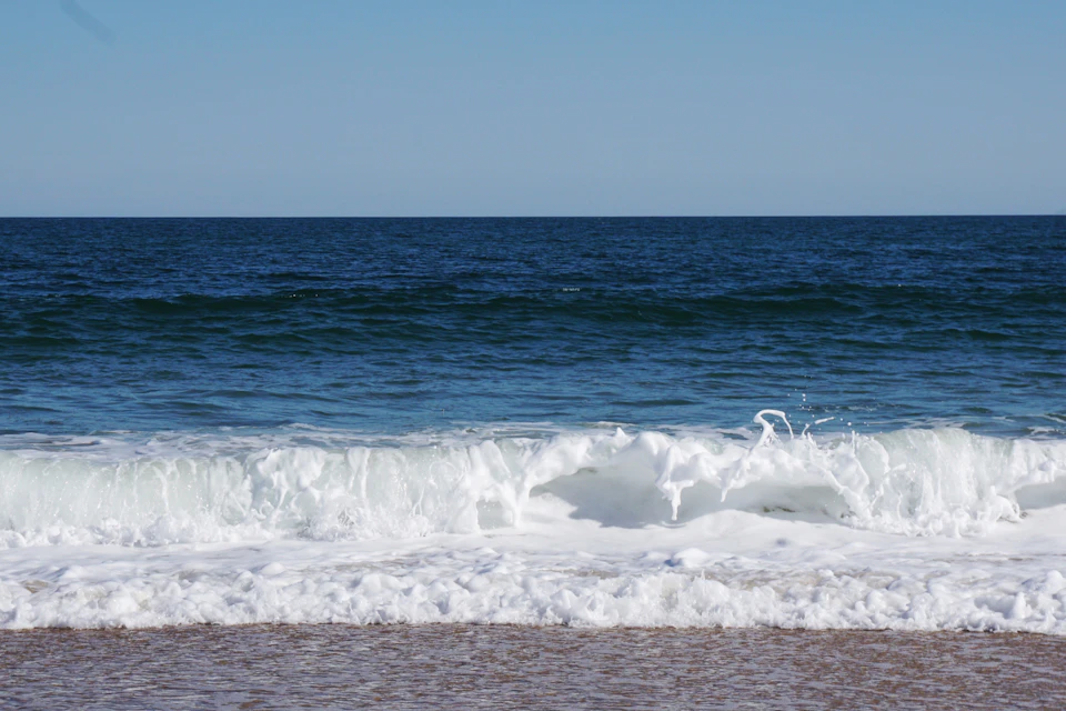 Serene beach scene with vast expanse of blue ocean meeting light brown sandy shore