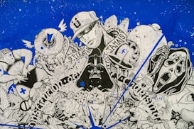 A complex and detailed mural featuring a collage of various elements, including abstract shapes, human figures, and recognizable pop culture characters. The composition includes text, a person wearing a cap with glasses, a black mask resembling a certain dark character, and a figure with a scream-like face. The background is filled with blue and white, adding depth and contrast.