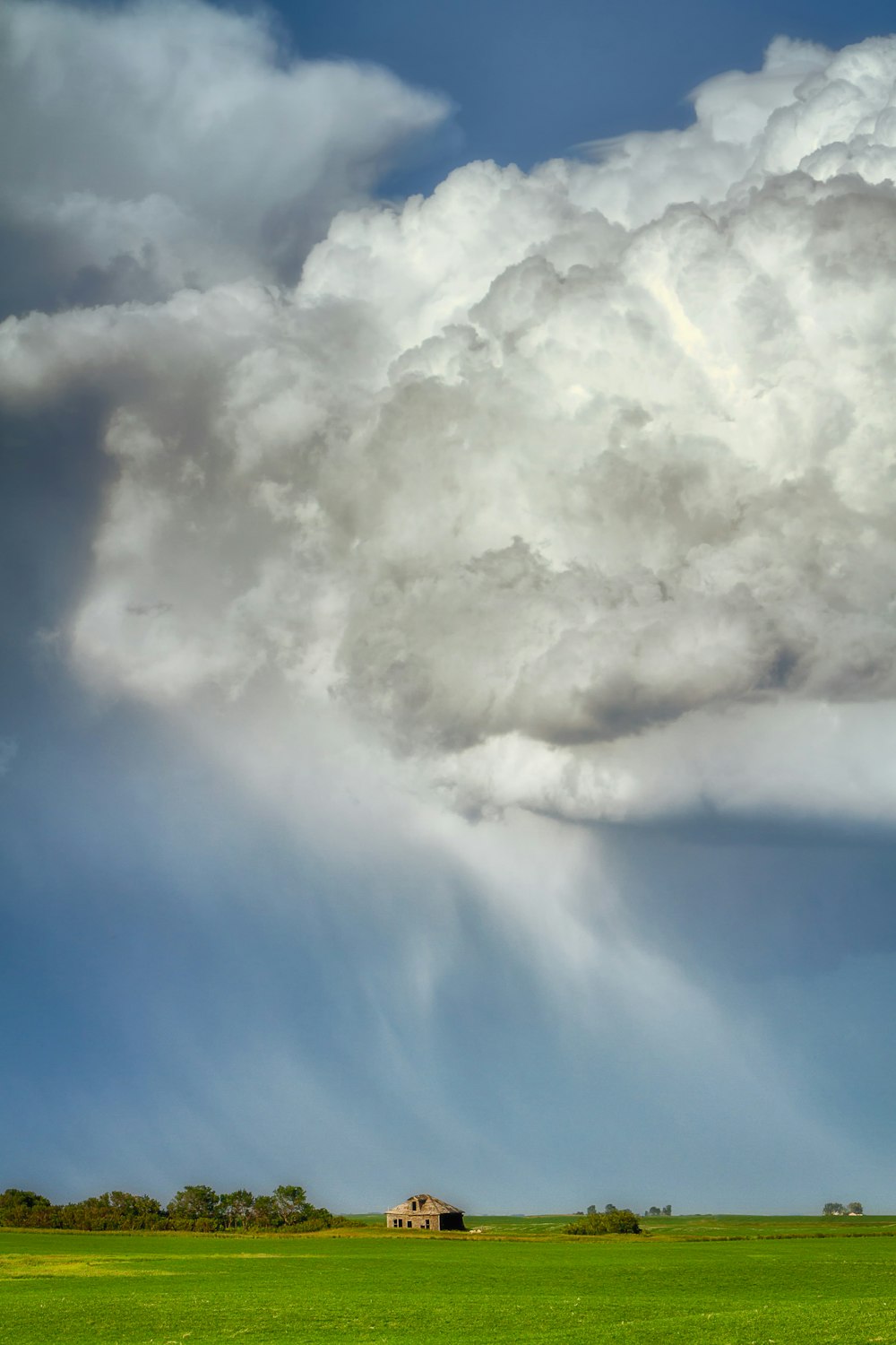 a large cloud looms over a green field