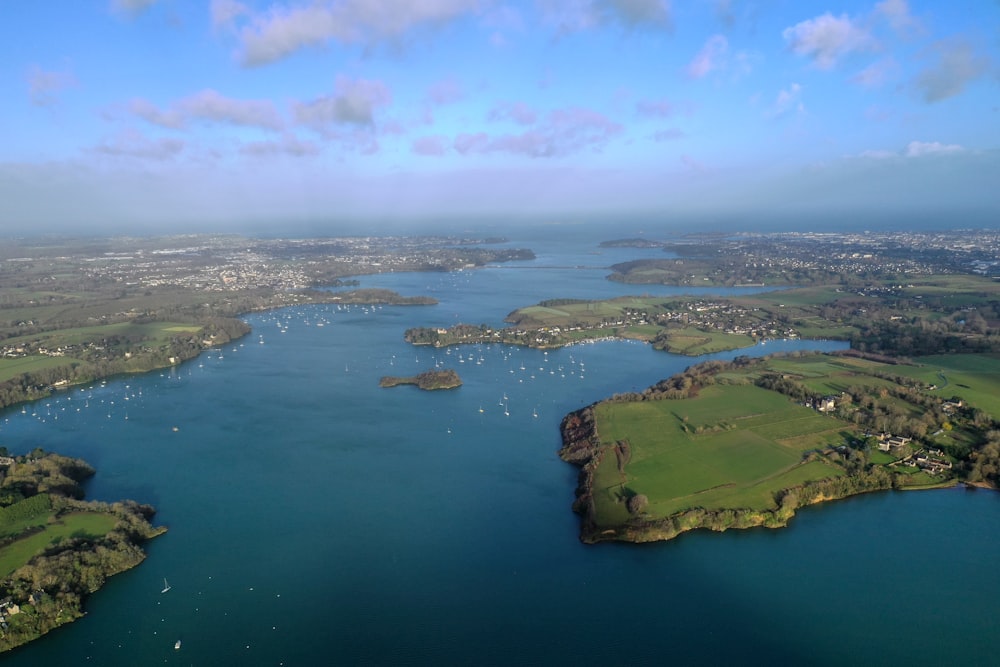 an aerial view of a large body of water