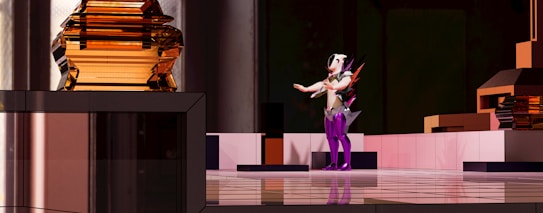 A futuristic scene with a humanoid figure in the center, wearing an elaborate costume with vibrant purple and white colors. The background and surrounding environment feature geometric shapes and metallic surfaces, with an amber-colored structure prominently on the left.
