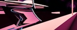 A digital abstraction featuring dynamic geometric shapes with smooth curves and sharp angles in a combination of pink, black, and white colors. The composition gives a sense of motion and depth, resembling a futuristic landscape or architectural structure.