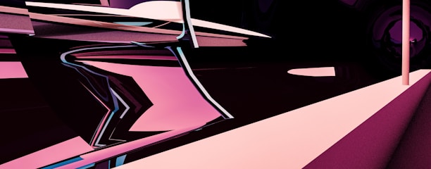 A digital abstraction featuring dynamic geometric shapes with smooth curves and sharp angles in a combination of pink, black, and white colors. The composition gives a sense of motion and depth, resembling a futuristic landscape or architectural structure.