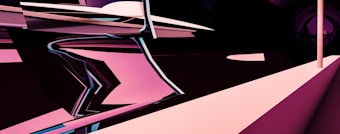 A digital abstraction featuring dynamic geometric shapes with smooth curves and sharp angles in a combination of pink, black, and white colors. The composition gives a sense of motion and depth, resembling a futuristic landscape or architectural structure.
