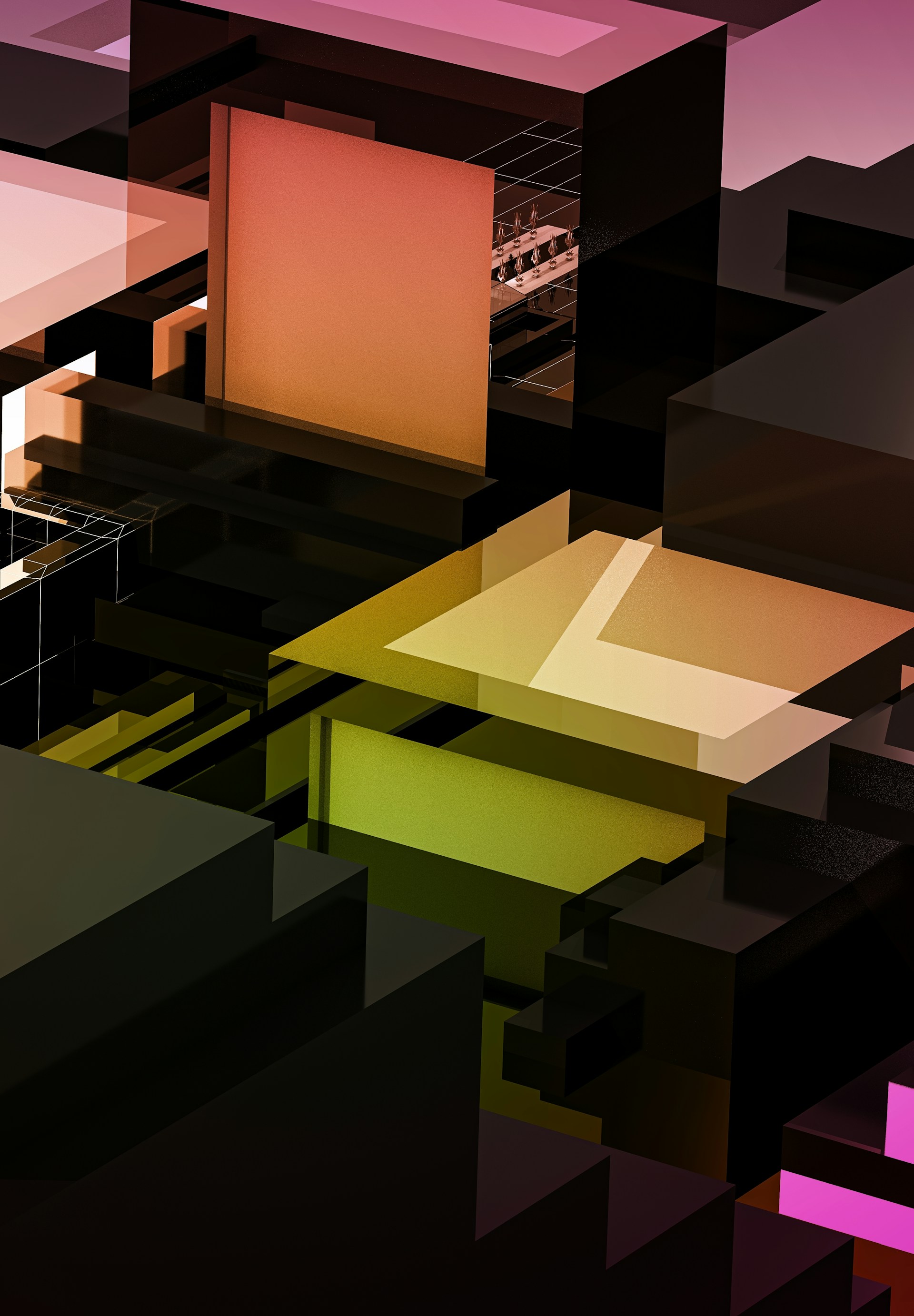 an abstract picture of a room with a lot of furniture