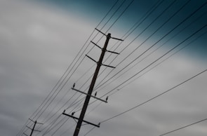 A series of power lines run diagonally across the image, supported by a wooden utility pole. The sky in the background is overcast with a gradient of gray and a hint of blue, suggesting an approaching storm or cloudy day.