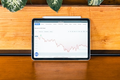 A tablet displaying a Bitcoin to USD chart with fluctuating lines against a wooden surface. Above the chart are navigation tabs including Overview and Market. The setting includes a potted plant with green leaves at the top left of the image.