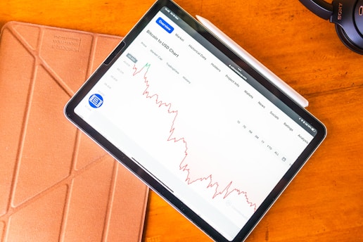 A tablet displaying a Bitcoin to USD chart with a red downward trend. It rests on a brown geometric-patterned cover on a wooden surface. Nearby, there's a stylus and a pair of Sony headphones.