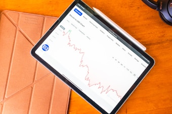 A tablet displaying a Bitcoin to USD chart with a red downward trend. It rests on a brown geometric-patterned cover on a wooden surface. Nearby, there's a stylus and a pair of Sony headphones.