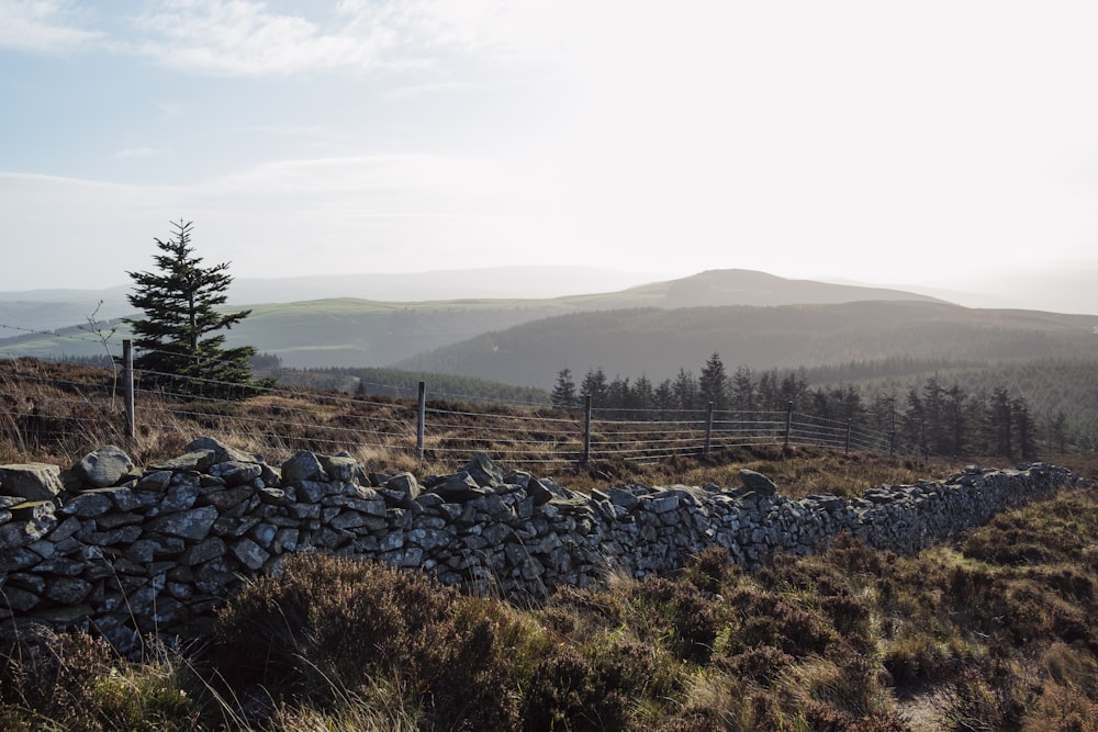 a stone wall in the middle of a field