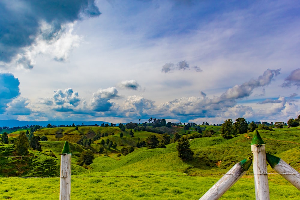 a wooden fence in the middle of a lush green field