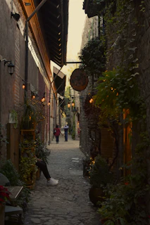a narrow alley way with people walking down it