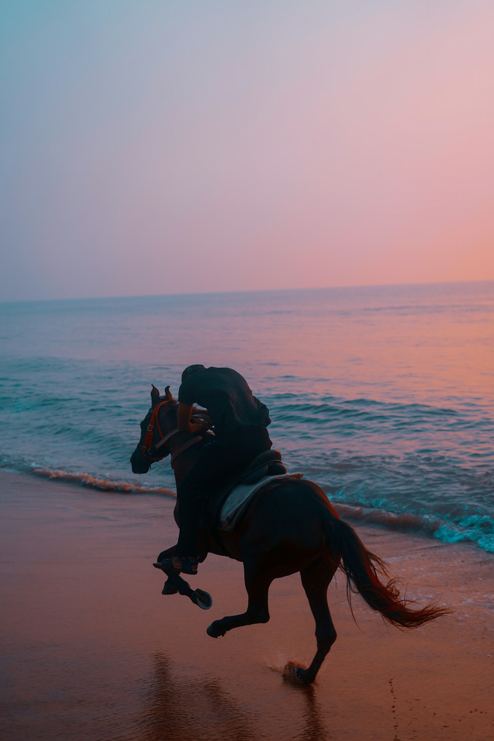 uma pessoa que monta um cavalo em uma praia