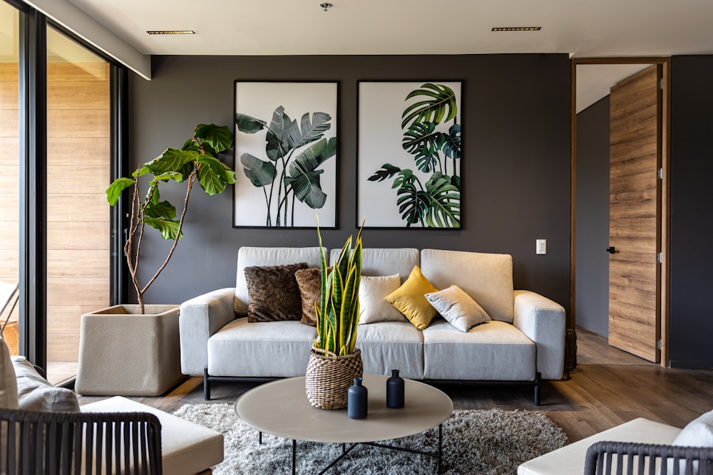 ein Wohnzimmer mit Möbeln und einer Topfpflanze