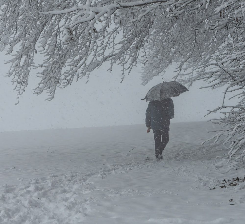a person walking in the snow with an umbrella